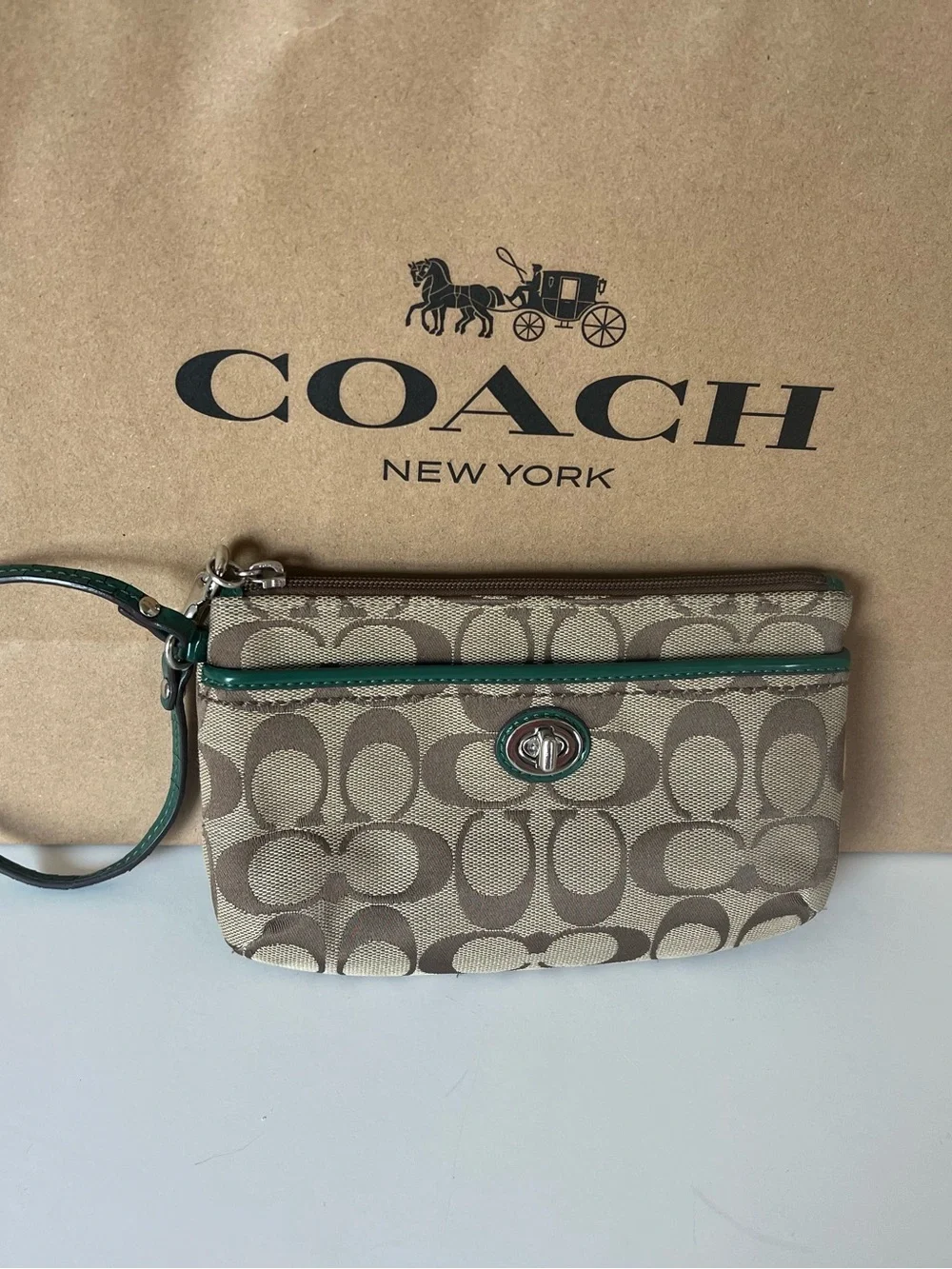 Coach Beige & Brown Signature Canvas Wristlet with Green Trim